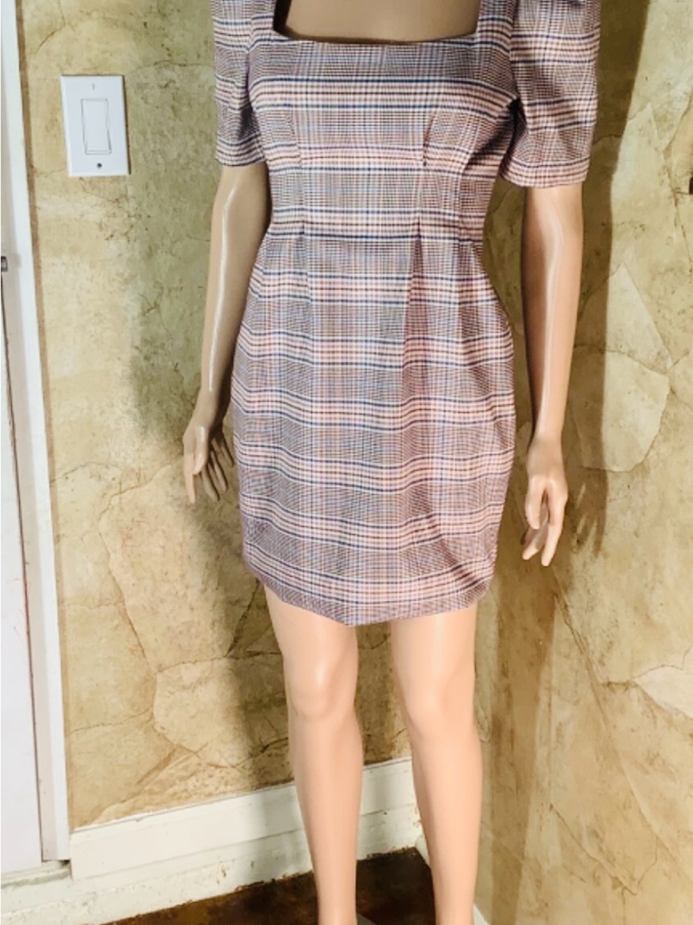 Forever 21 Plaid Square-Neck Mini Dress - Brown & Cream - Size S - Picture 2 of 13